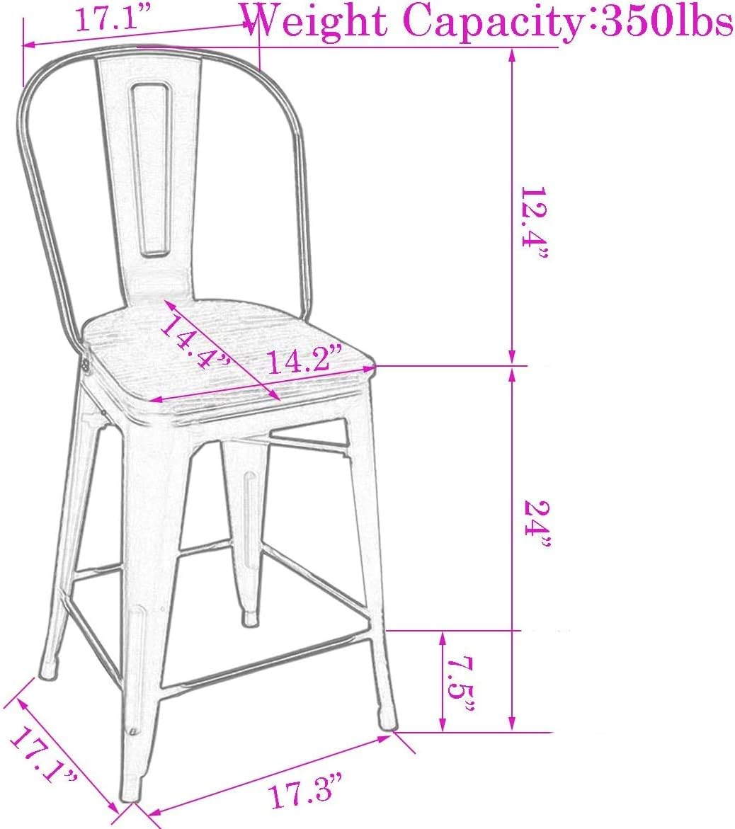 Changjie Furniture 24 Inches Metal Barstools Set of 4 Counter Height Bar Stools Industrial Stools with Backs High Back Chairs for Kitchen Island (24 Inch, White)