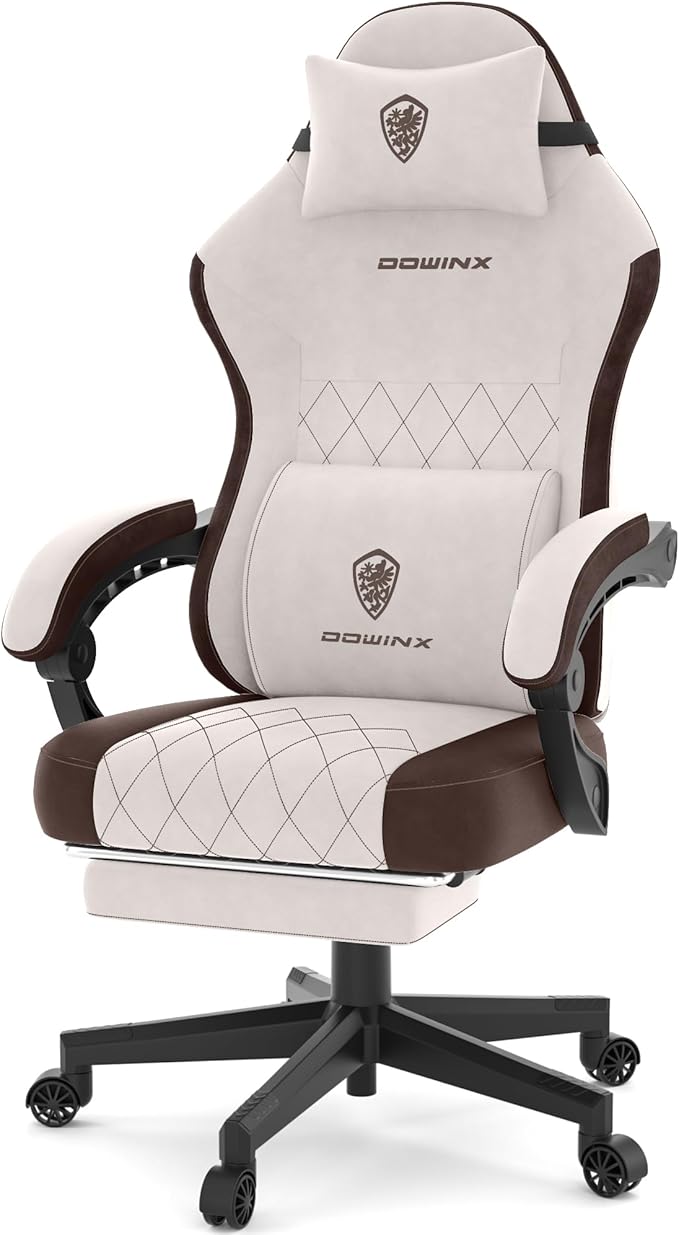 Dowinx Gaming Chair, Fabric Gaming Chairs for Adults with Pocket Spring Cushions and Lumbar Support, Ergonomic Massage Computer Chair with Footrest for Big and Tall, Brown