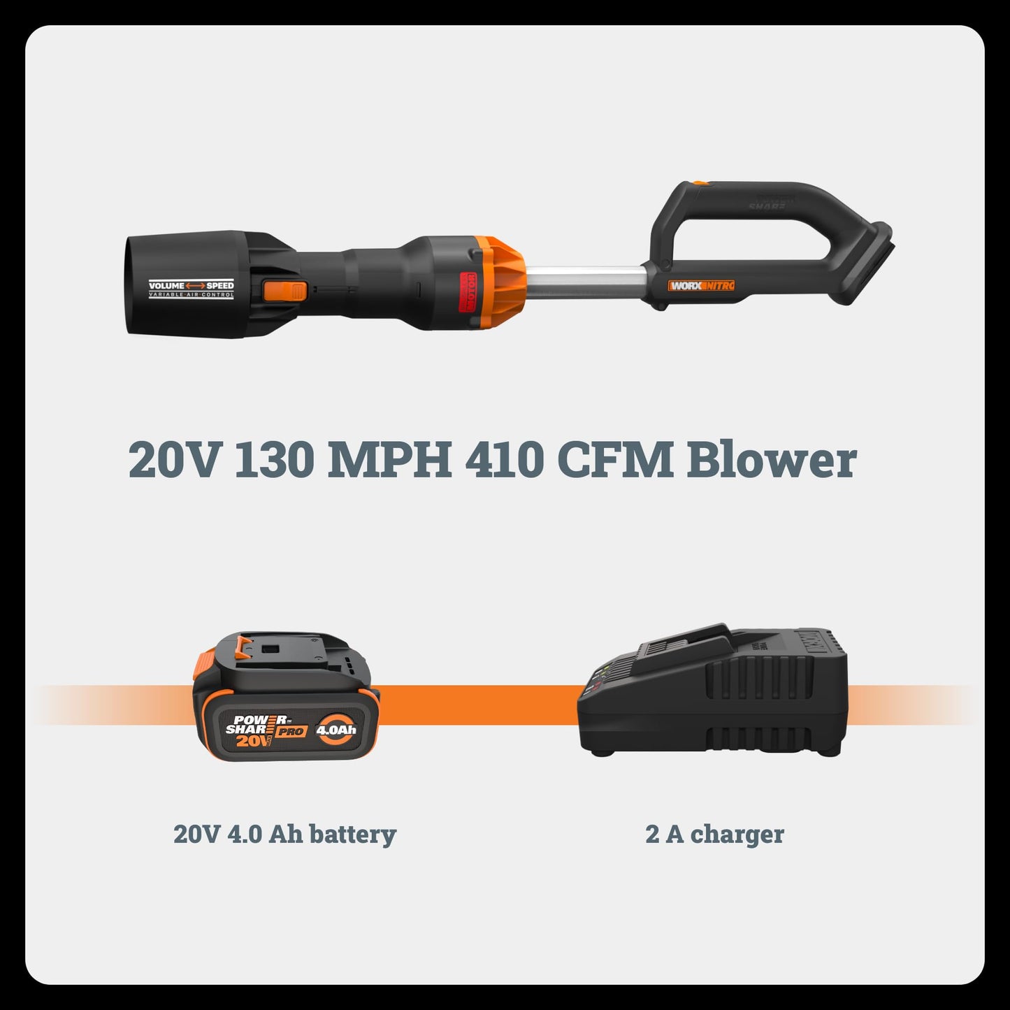 WORX Nitro Cordless Leaf Blower, Electric Blower with 410 CFM & 130 MPH, Blowers for Lawn Care with 3.8 Lbs, 4.0 Ah Battery & Charger Included, WG543