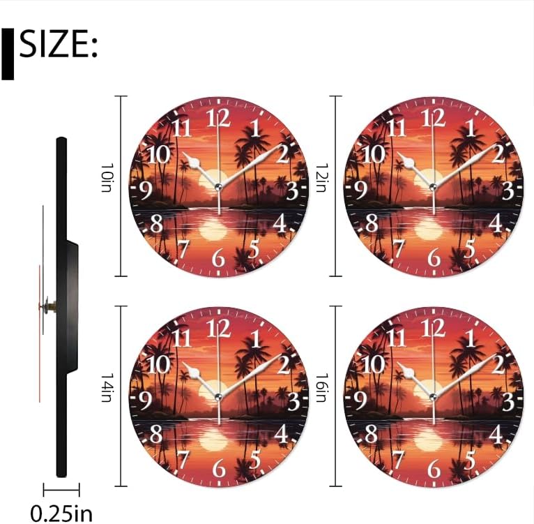 Sunset Wall Clock Non-Ticking Silent Clocks Battery Operated Analog Decor Clock for Home-Sunset with Palm Trees and Reflections On The Water(16inch)