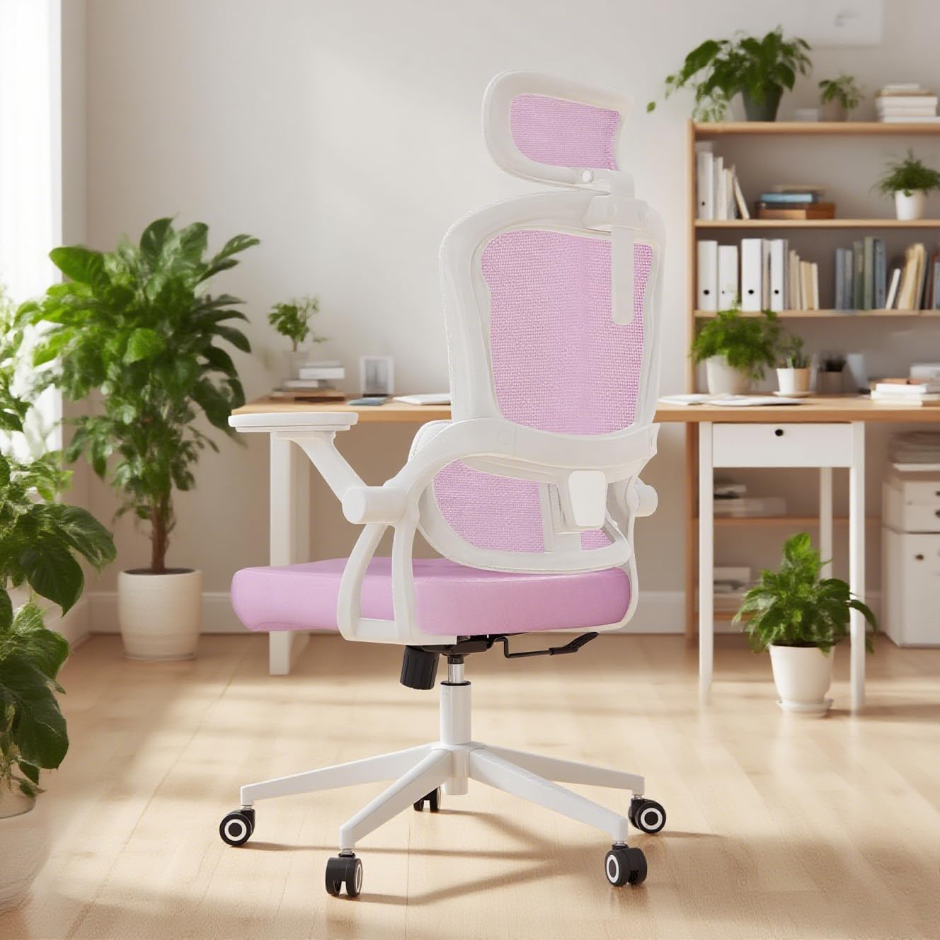 Ergonomic Office Chair - 400LB Comfy Desk Chairs with Headrest and Back Support, Heavy Duty Mesh Computer Chairs with Wheels and Arms for Home Office, Study, Bedroom and Dorm (04Pink)