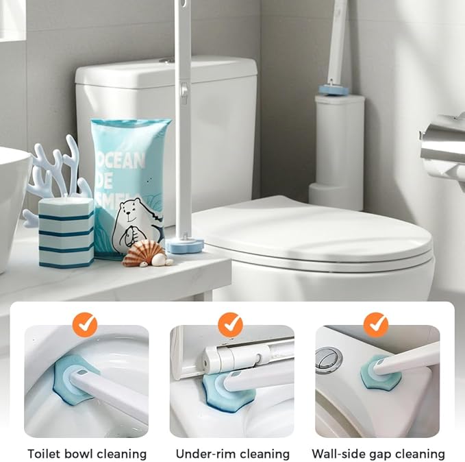 Disposable Toilet Cleaning System, 15.7'' Extended Handle Toilet Bowl Cleaner Wand, Wall Mounted Toilets Brush Holder & Refills Set, Toilets Cleaning Tool for Bathroom (28, Ocean)