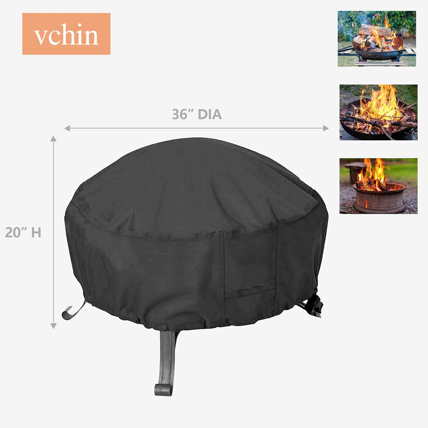 vchin 32-36" Round Fire Pit Cover 600D Heavy Duty Oxford and PVC Coating Firepit Cover, Waterproof Outdoor Fire Pit Table Cover, Tear-Resistant and UV Resistant (36" Dia x 20" H)