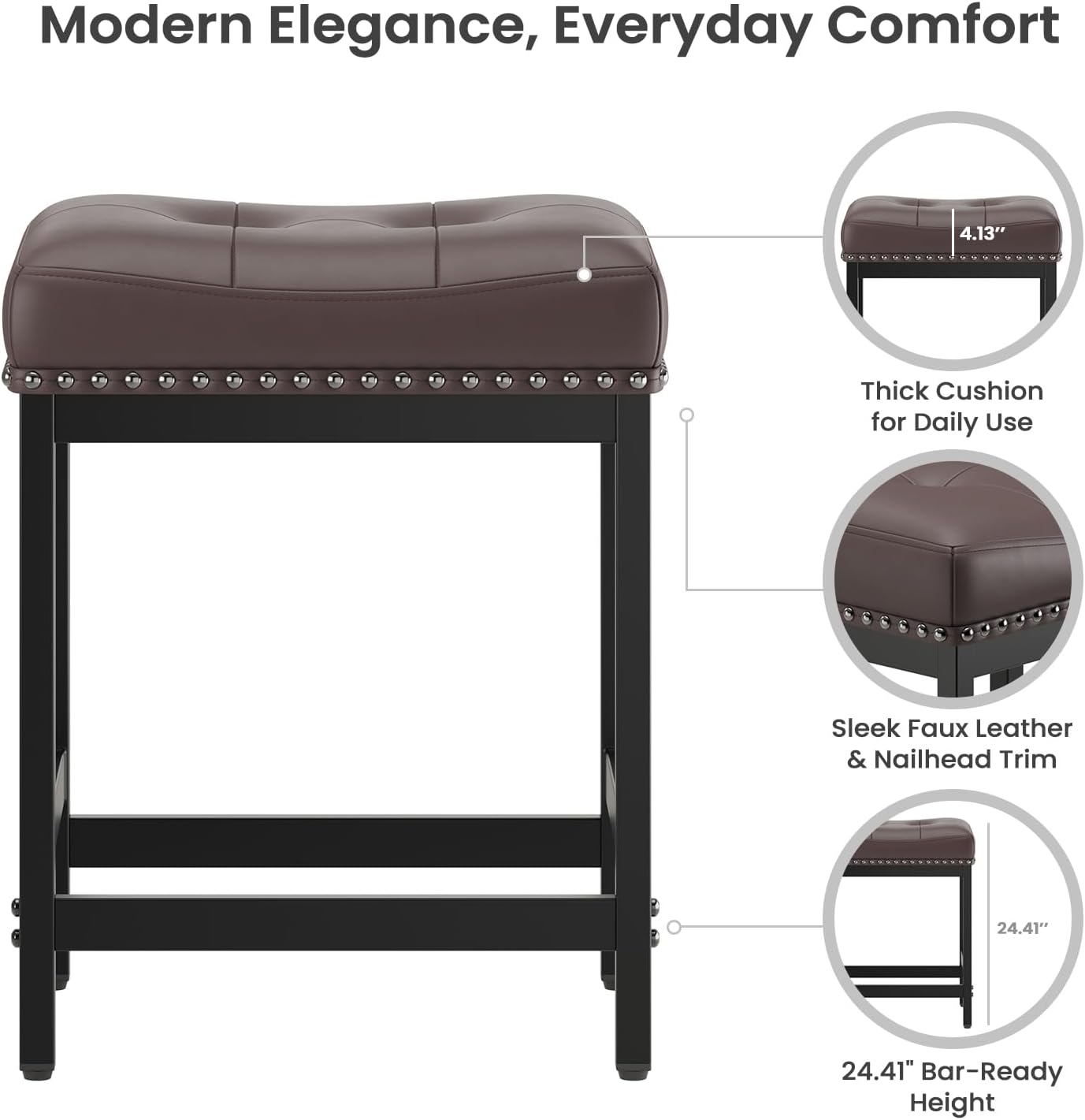 MALOL Set of 4 Saddle Bar Stools Counter Height 24.4”, Backless Barstools for Kitchen Island, Modern PU Leather Cushioned Seat, Bar Chairs for Kitchen Counter, Breakfast Bar Stools for Home,Brown