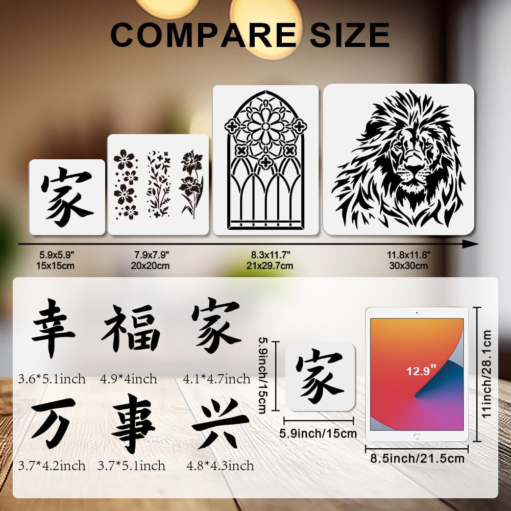 MAYJOYDIY 10 Pcs Chinese Characters Stencil Reusable Chinese Style Stencils for Painting 5.9x5.9 Inches Family Happiness Drawing Templates with Paint Brush for Shirt Wall Cards Home Decoration