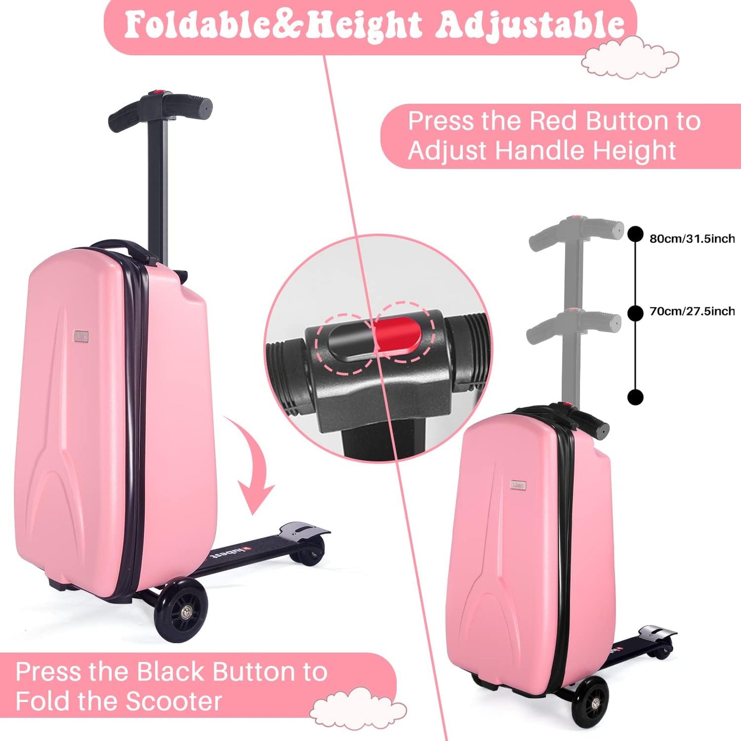 MRPLUM 20" Ride-On Suitcase with Detachable Scooter for Kids,Foldable Hardshell Carry-On Luggage for Toddlers Ages 4-15 with Adjustable Handle,Easy Steering&Brake(Airplane Approved)