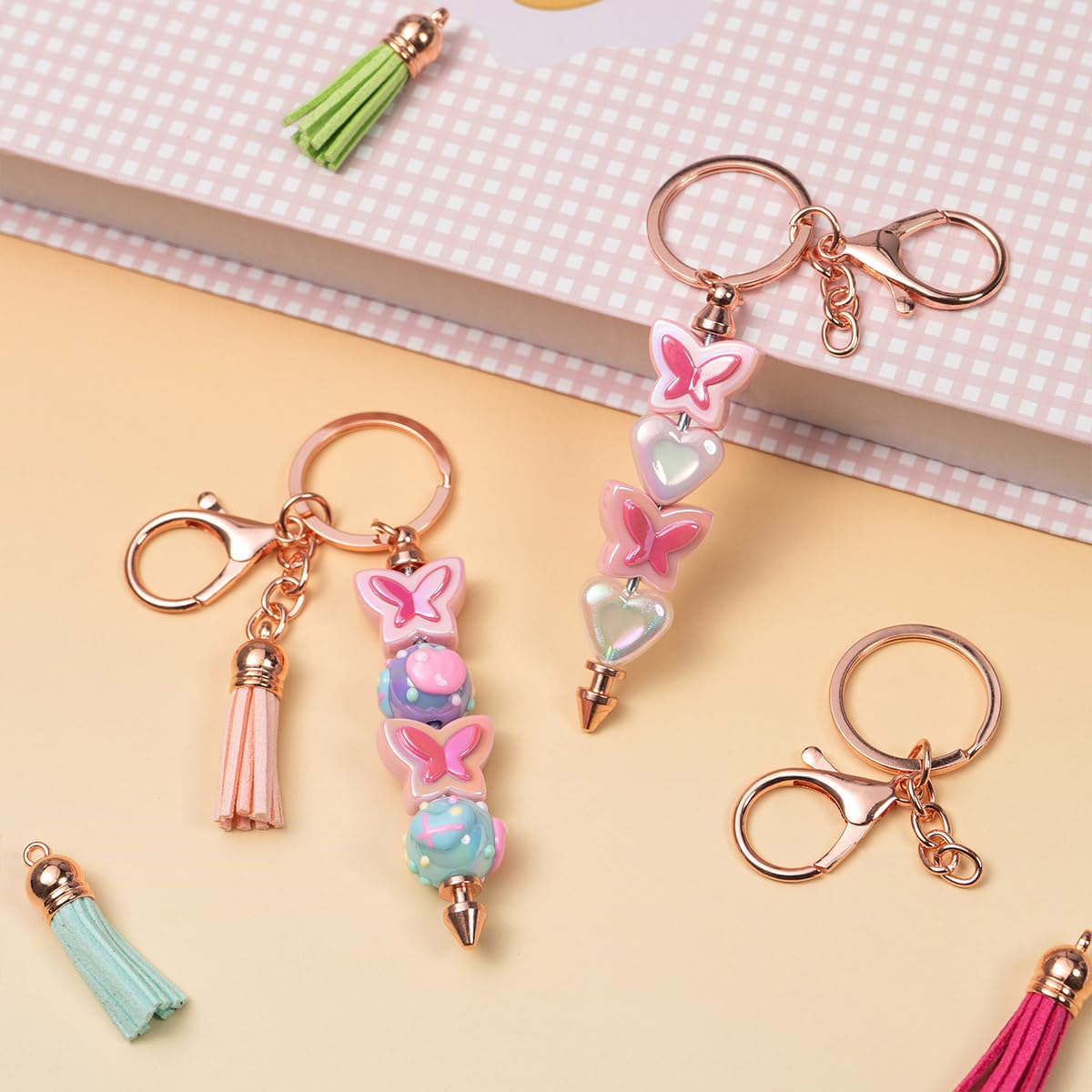 40 Pcs Beadable Keychain Bar, Golden-Pink Beaded Keychain for Pendant DIY and Colorful Leather Tassel Loose, Alloy Keychain Accessories Bulk for Keychain Supplies Jewelry Making Gift (Gold-Pink)
