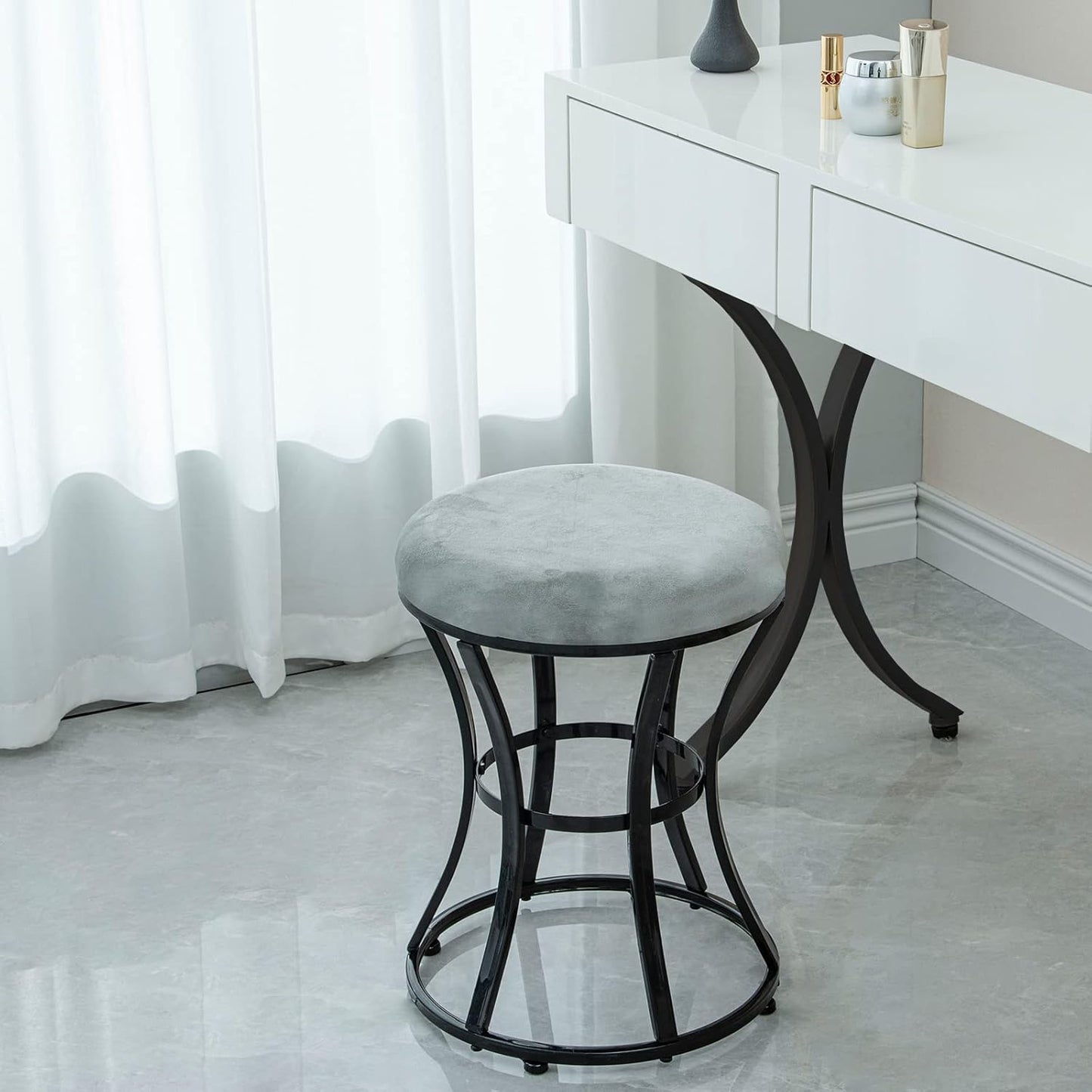 Vanity Stool, Grey Stools for Makeup Room, Round Ottoman Foot Stool, Velvet Footrest Vanity Chair for Bathroom, Bedroom, Living Room Furniture, Entryway, Offices