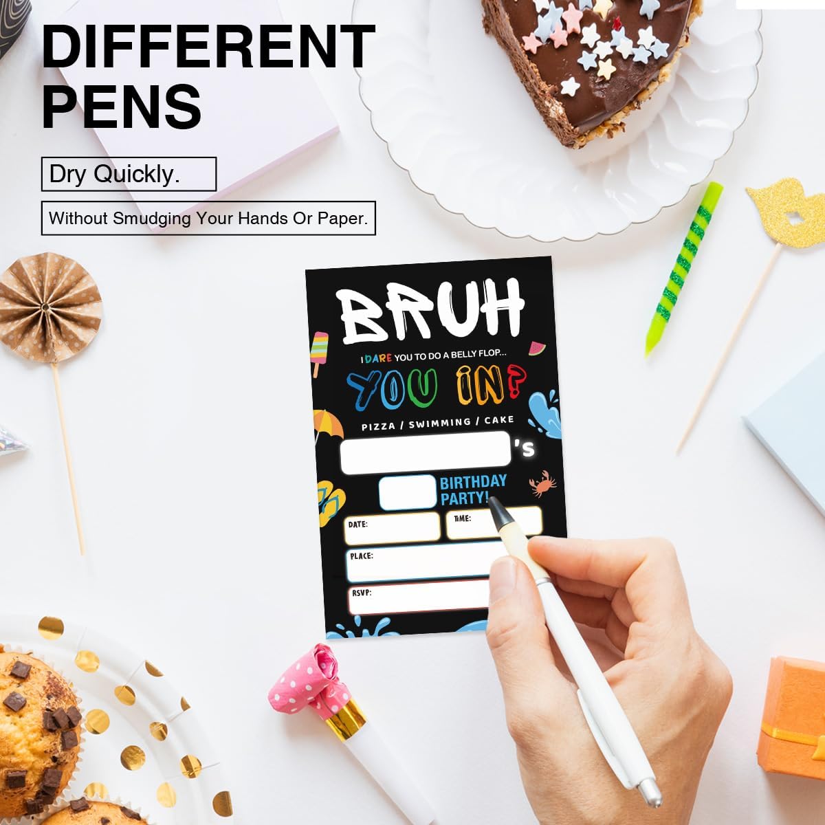 Bruh Pool Birthday Invitation Supplies with Envelopes Set of 20 Boy Birthday Party Invitations Fill in Blank, Double Sided