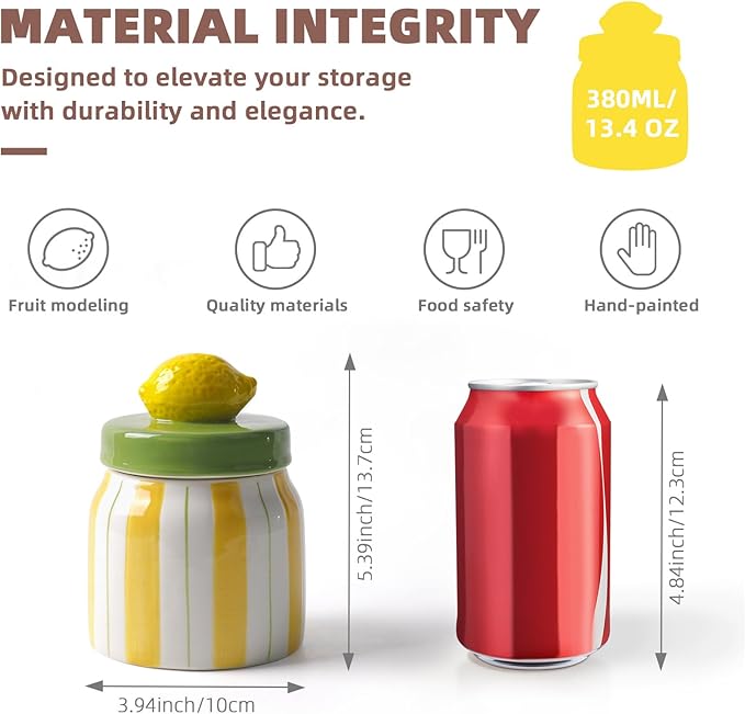 Cookie Jars with Lid Airtight, Hand Painted Lemon Ceramic Food Storage Containers with Lids for Home Decor and Kitchen Countertops, For Coffee, Spices, Sugar, Tea, Salt, Honey, Candy, Nut