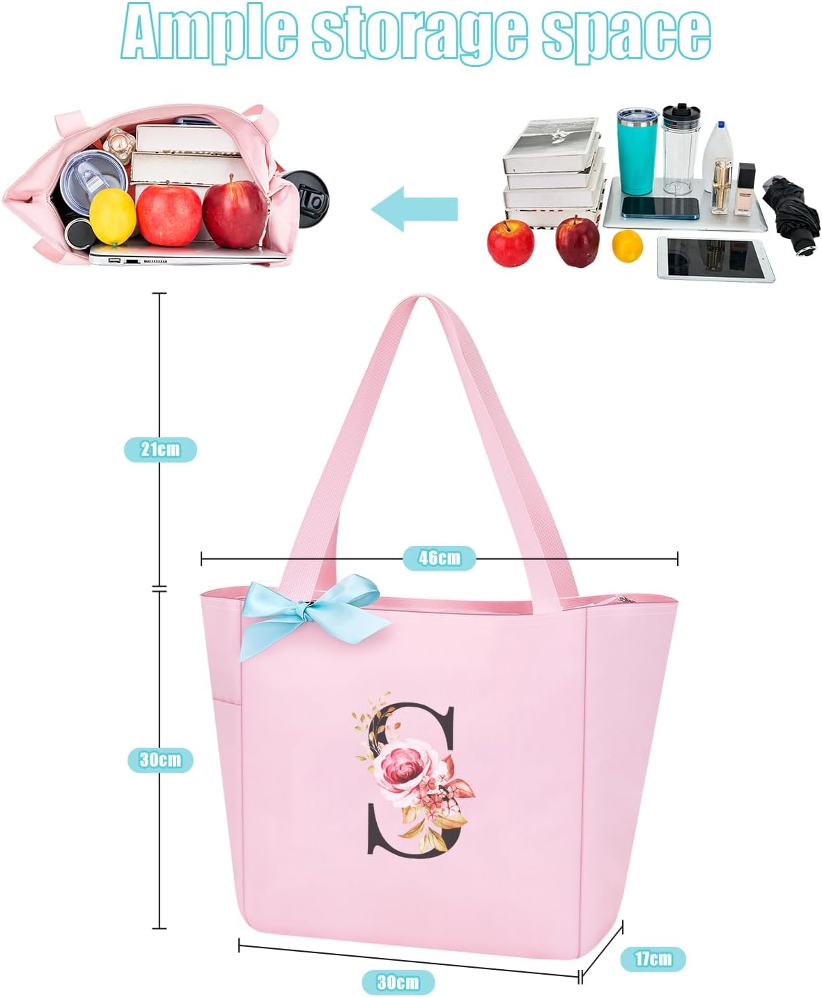 Vavabox Tote Bag, A-Z Initial Monogrammed Waterproof Tote Bag, Bridesmaid Gifts for Women, Black and Pink