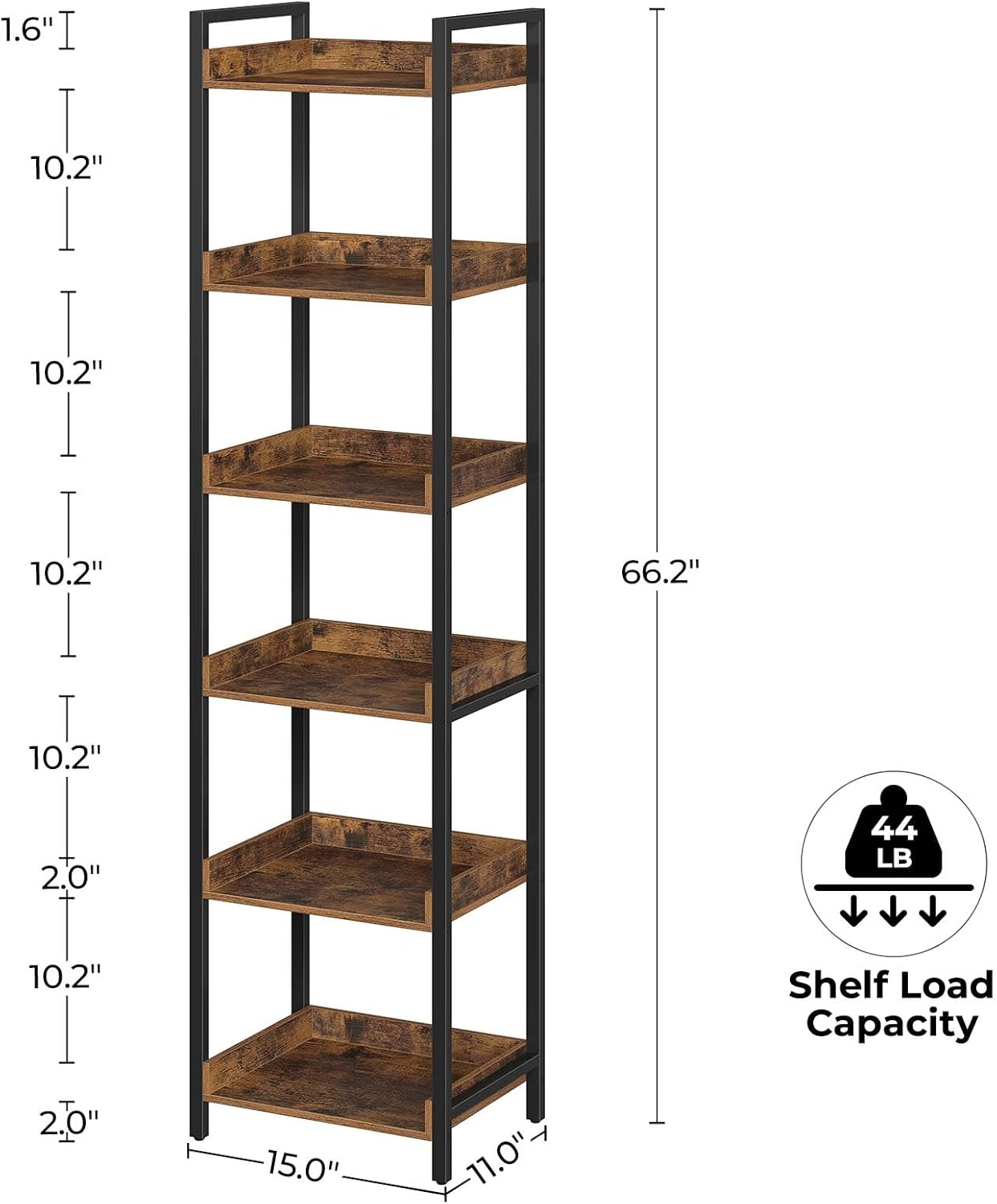 Rolanstar Bookshelf, 6-Tier Storage Rack, Narrow Corner Bookshelf, Display Wooden Shelves for Living Room, Bathroom, Balcony, Kitchen,Rustic Brown