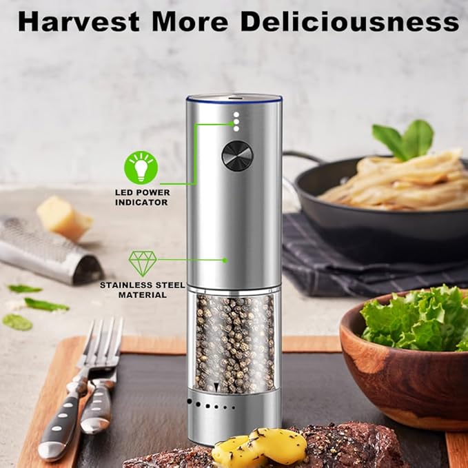 Rechargeable Electric Salt and Pepper Grinder Set, Upgraded Larger Capacity,Premium Stainless Steel Automatic Pepper Salt Mill Grinder Set with LED Light, 6 Adjustable Coarseness