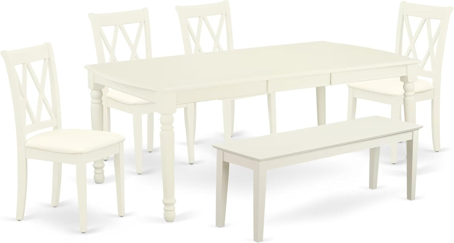 East West Furniture DOCL6-LWH-C 6 Piece Modern Dining Table Set Contains a Rectangle Wooden Table with Butterfly Leaf and 4 Linen Fabric Dining Chairs with a Bench, 42x78 Inch, Linen White