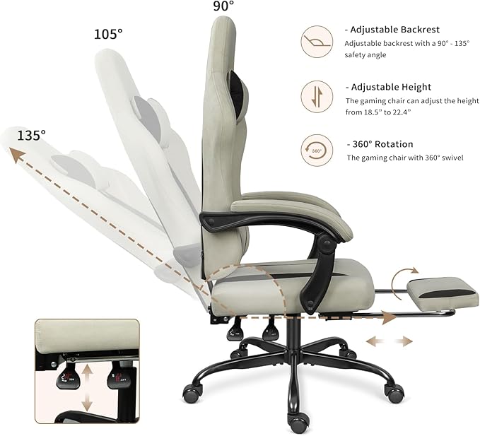 Breathable Fabric Gaming Chair with Footrest, Height Adjustable Game Chair, Video Gaming Chair for Gaming Room, Living Room and Office - Beige/Black