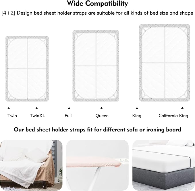Bed Sheet Holder Straps, 4+2 Pcs Adjustable Mattress Sheet Clips, Bed Sheet Fasteners Elastic Sheet Suspenders to Keep Bed Sheet in Place for Different Beds (White)