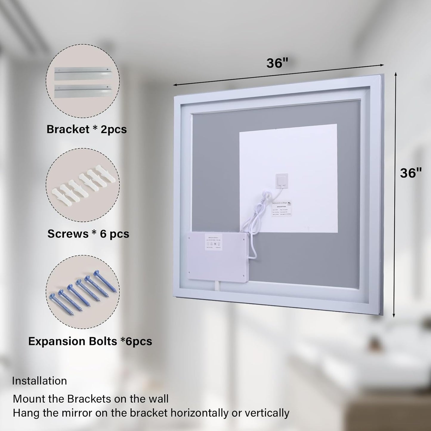 36x36 LED Bathroom Mirror, Backlit + Front Lit, LED Bathroom Mirror with Lights for Wall, 3 Colors, Anti-Fog, Dimmable Brightness, Memory Function, Tempered Glass