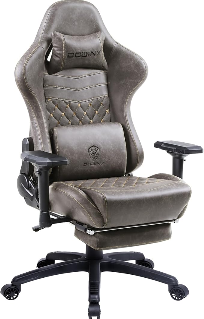 Dowinx Gaming Chair Big and Tall, Ergonomic Computer Chair with 4D Armrests and Footrest Massage Lumbar Support, High Back Comfortable Gamer Chair for Adults 350Lbs PU Leather for Office Game, Brown