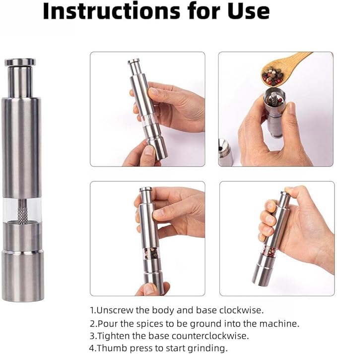 Single Stainless Steel Salt and Pepper Grinder Set, Manual Refillable Peppercorn Mills with Push Button, Thumb Grinder, Sliver White, One Piece