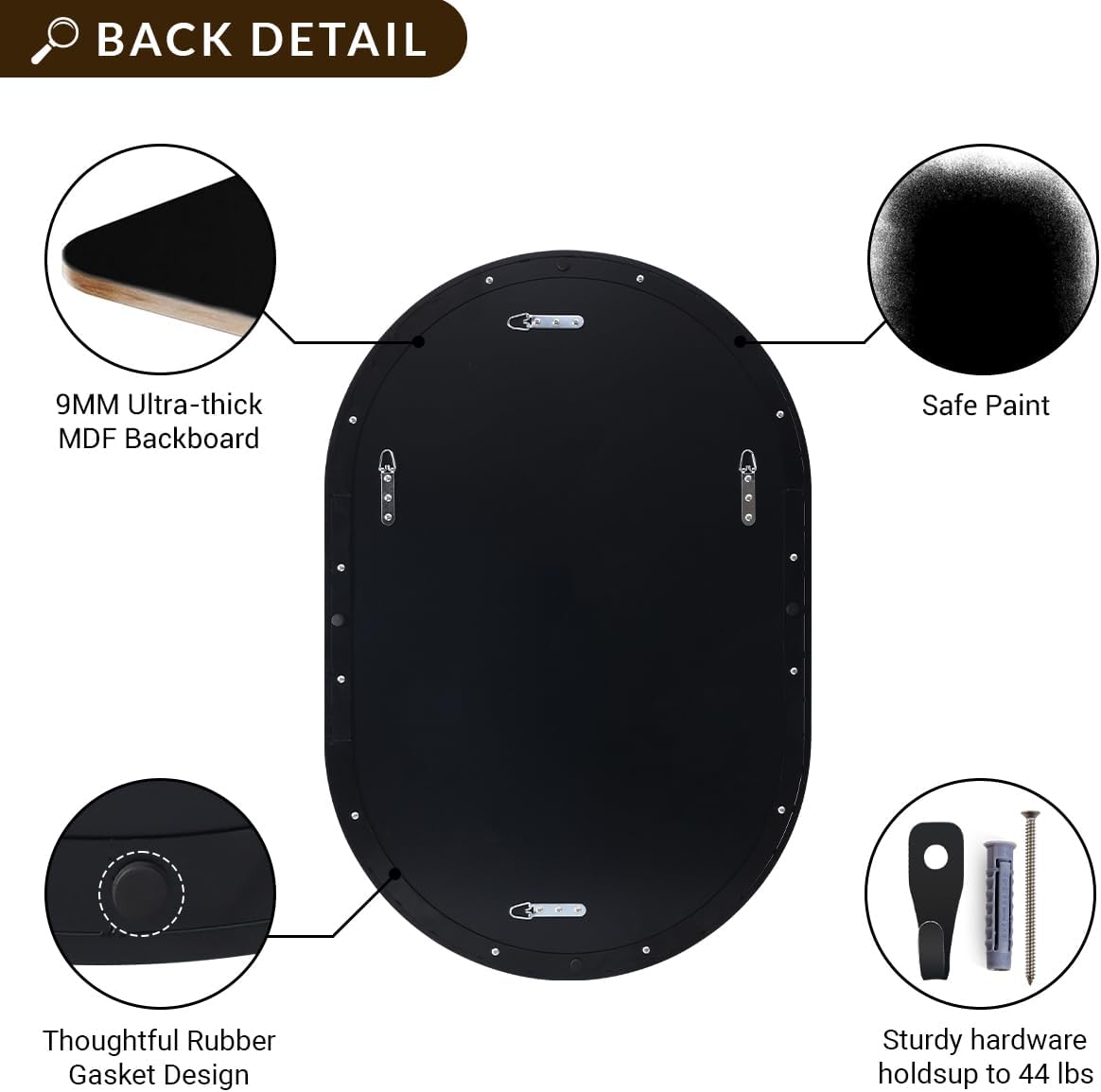 ANDY STAR Black Oval Mirror, 26x38'' Pill Shaped Mirror 1’’ Deep Metal Frame Wall Mounted Vertically&Horizontally Ideal for Limited Space