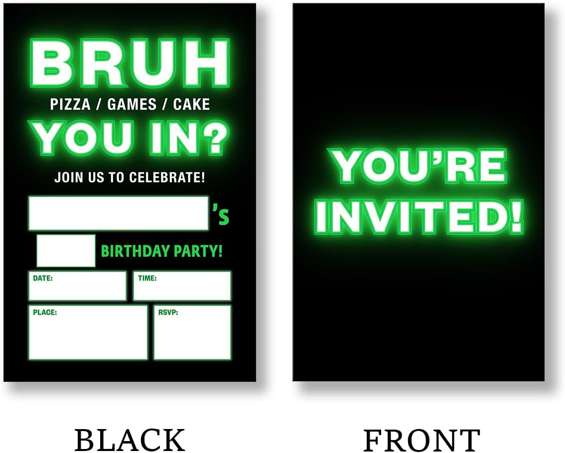 Bruh Neon Birthday Party Invitation Supplies with Envelopes Set of 20 Teenager Party Invitation Fill in Blank, Double Sided