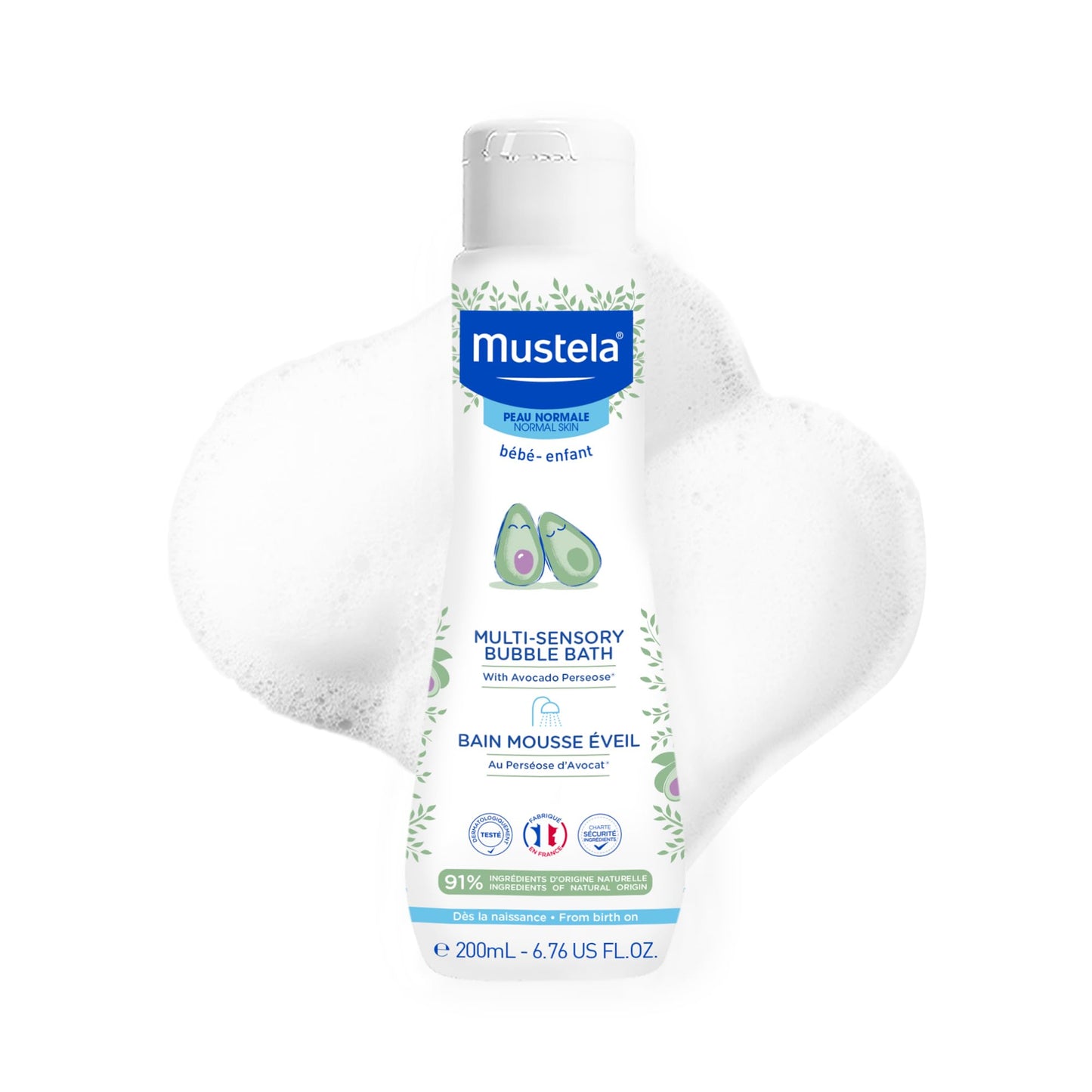 Mustela Baby Multi-Sensory Bubble Bath with Natural Avocado – Biodegradable Formula & Tear Free - from Birth on - 6.76 oz.