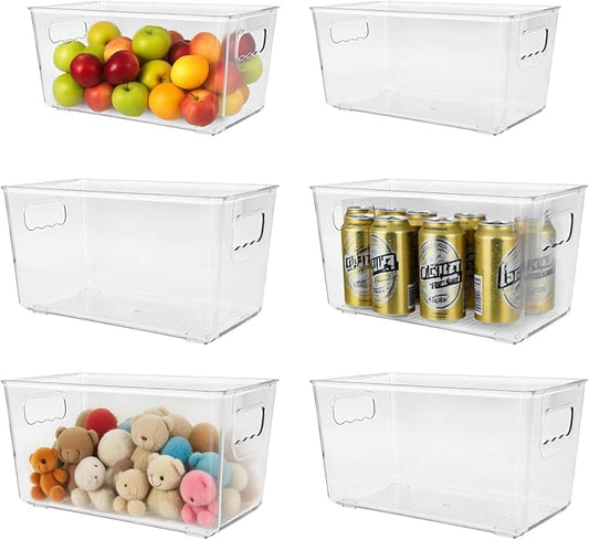6 Pack Clear Plastic Storage Bins with Handles, Stackable Pantry Fridge Cabinet Under Sink Organizers and Storage, Multi-use Large Home Kitchen Bathroom Organization for Shelf Closet Drawer