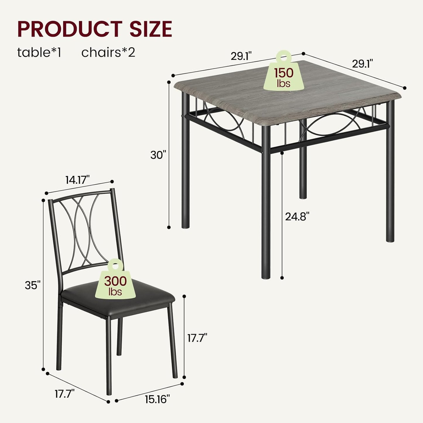 CABIHOME Dining Table Set for 2, 3 Piece Kitchen Table Set with 2 Upholstered Chairs, Square Kitchen Table Set for Small Space, Apartment, Dining Room, Retro Gray