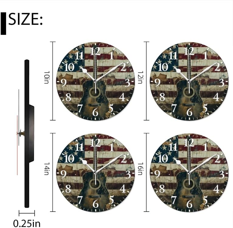Guitar Wall Clock Non-Ticking Silent Clocks Battery Operated Analog Decor Clock for Home-Acoustic Guitar Leaning Against Old American Flag(12inch)
