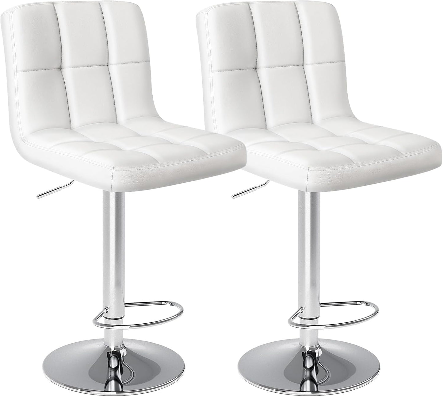 Sweetcrispy Bar Stools Set of 2, Armless PU Leather Adjustable Swivel Barstools, Hydraulic Kitchen Counter Height Thickened Seat Cushion Square Island Countertop Chairs with Back - White