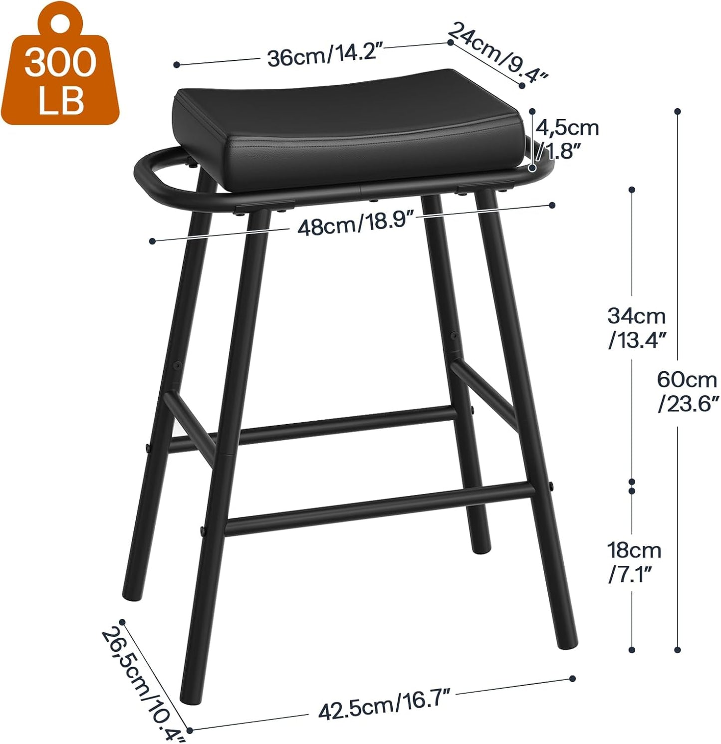 HOOBRO Bar Stools, Set of 2 Bar Chairs, 24” Barstools for Kitchen Counter, PU Upholstered Barstools, Kitchen Stools with Armrest and Footrests, Backless, for Kitchen, Dining Room, Black BB40MDP201
