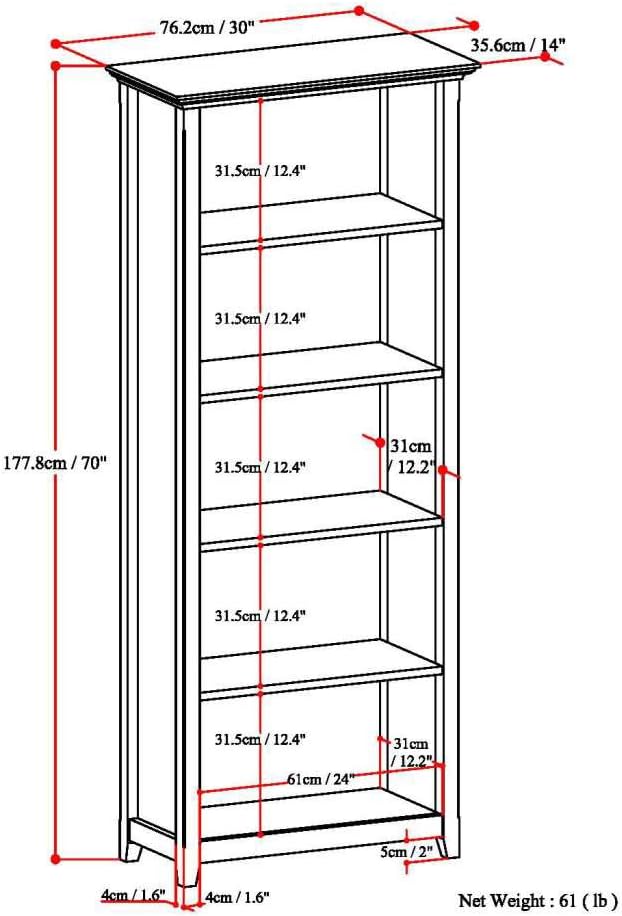 SIMPLIHOME Amherst Bookcase - 70 inch Tall 5-Shelf Solid Wood Bookshelf in French Blue, Transitional Storage for Living Room, Study Room or Office with Adjustable Shelves and Tapered Legs