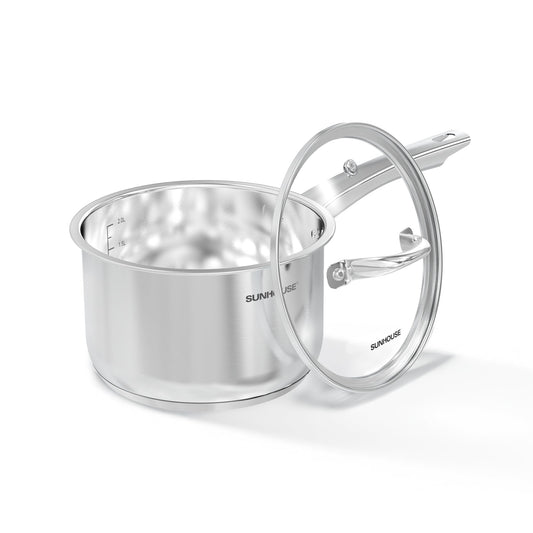 SUNHOUSE – 3 Quarts Stainless Steel Sauce Pan with Lid - PFOA-Free, Stainless Steel Sauce Pan, Advanced Impact Bonding Induction Base, Stay-Cool Handle, Compatible with All Cooktops