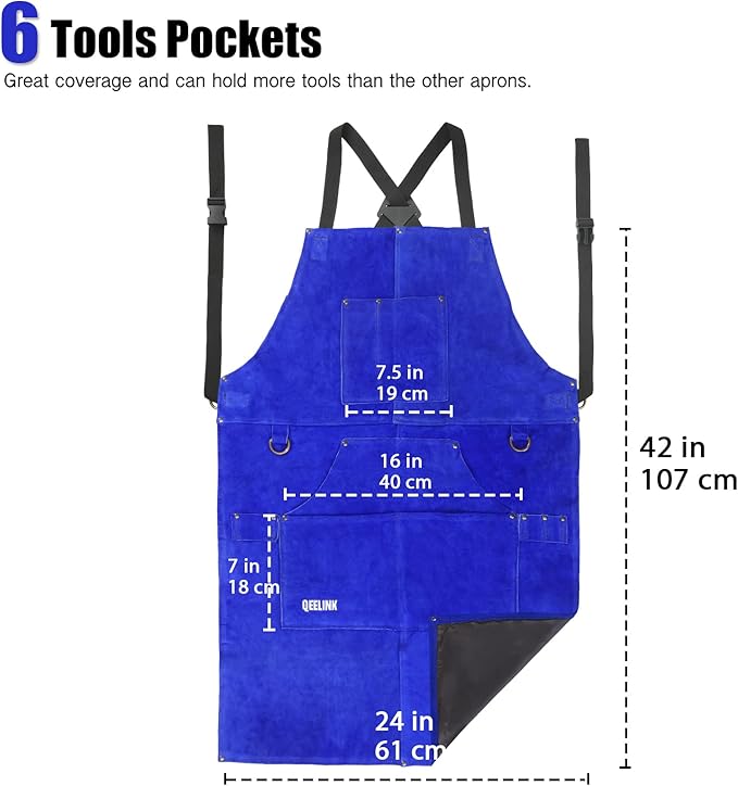 QeeLink Leather Welding Apron with 6 Pockets - Heat & Flame-Resistant Apron, 24'' X 42'', Adjustable M to XXXL (Blue)