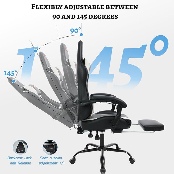 Ergonomic Gaming Chair with Footrest and Lumbar Massage, Racing Office Chair, High Back Computer Desk Chair with Headrest Pillow for Adults, Video Game Chair for PC Gamer (1001-White)