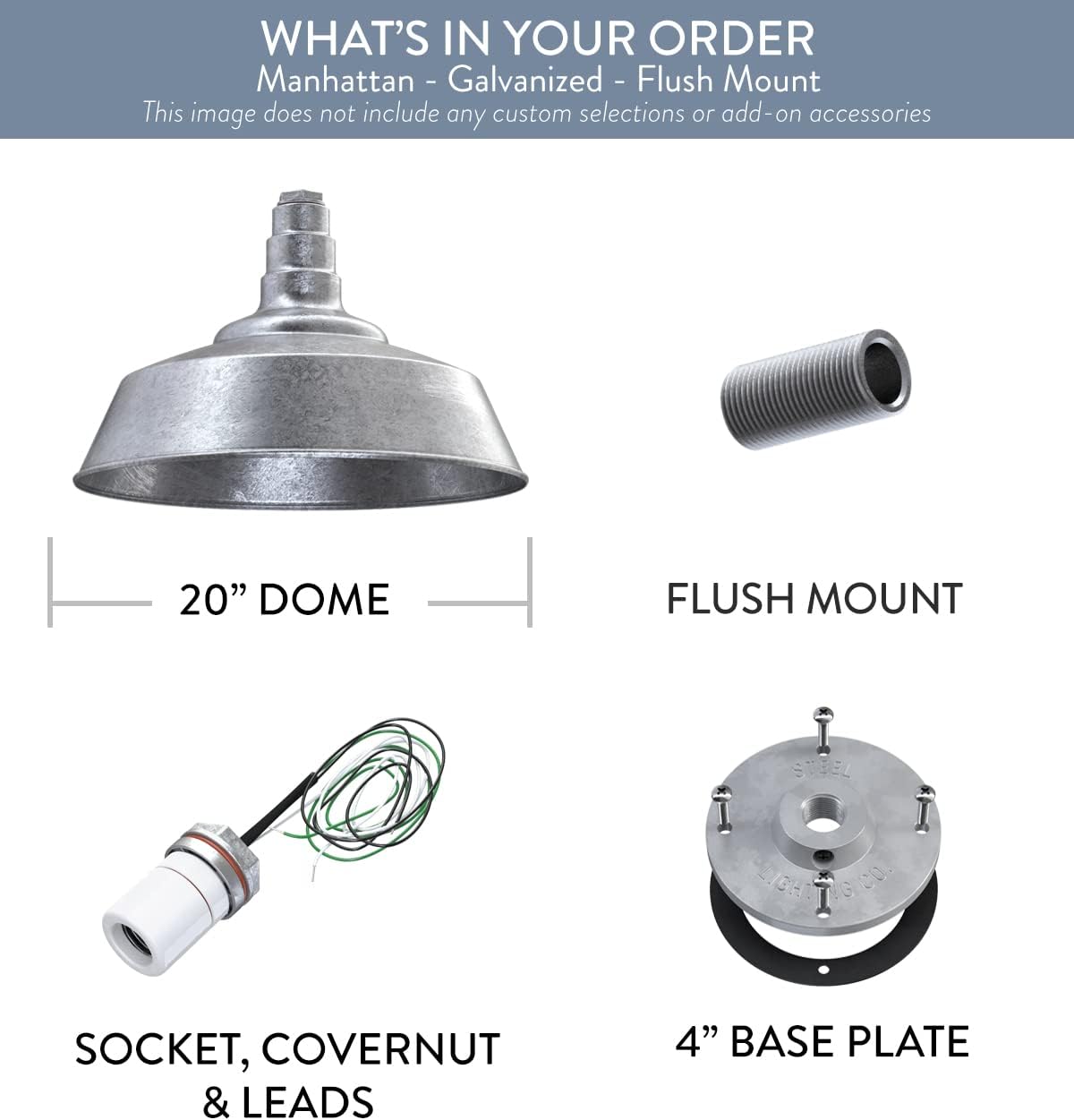 Steel Lighting Co. Manhattan Warehouse Light | Ceiling Mounted Pendant | 20 inch Dome | Flush Mount | Large Steel Barn Light Made in America | Galvanized Exterior/Galvanized Interior
