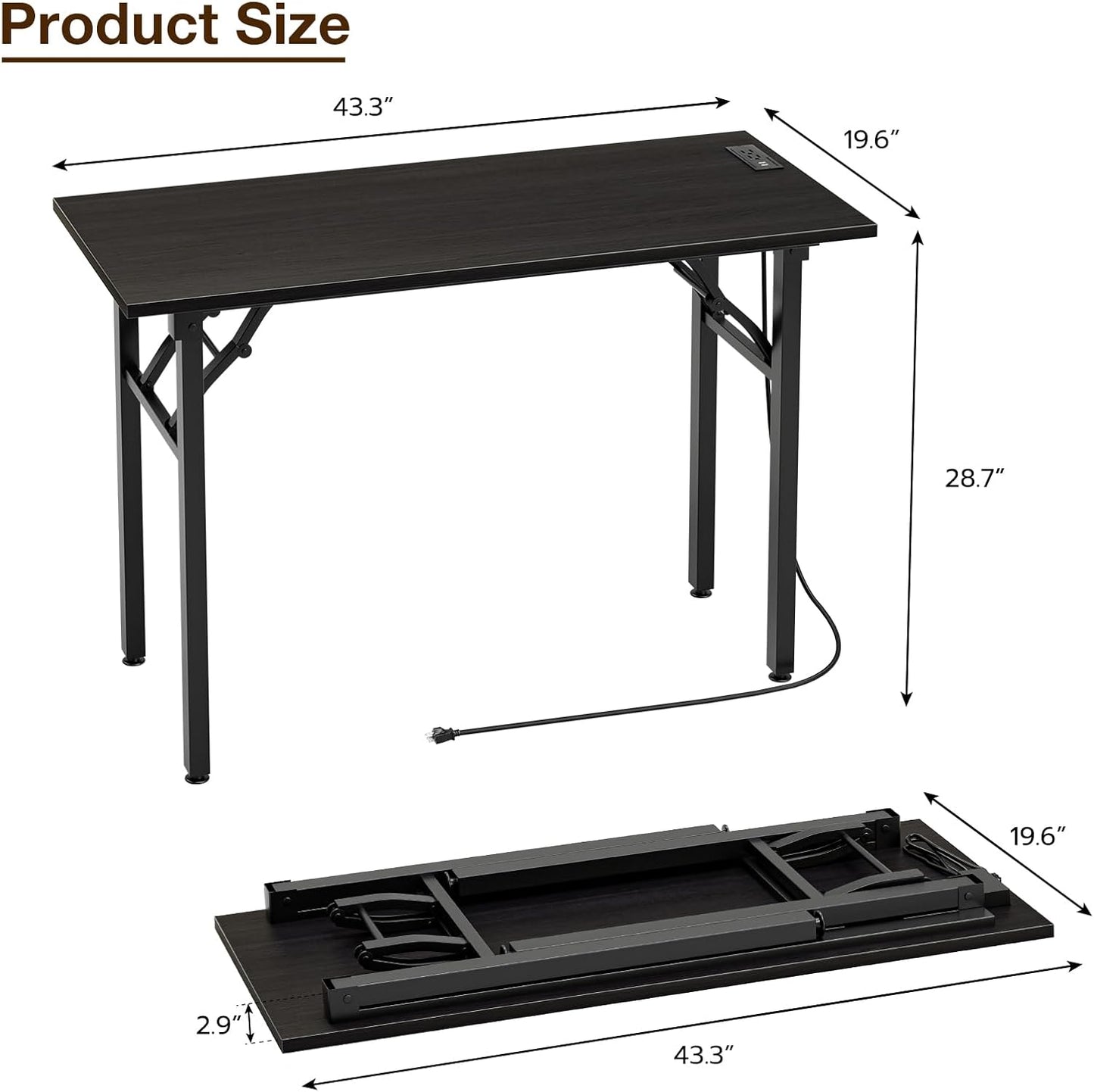 TEMI Small Computer Desk Folding Table - No Assembly, Compact 43.3" Foldable Desk with Power Outlets & USB Charging Port, Portable Small Office Desk, Ideal Mini Study Table, Charcoal Wenge
