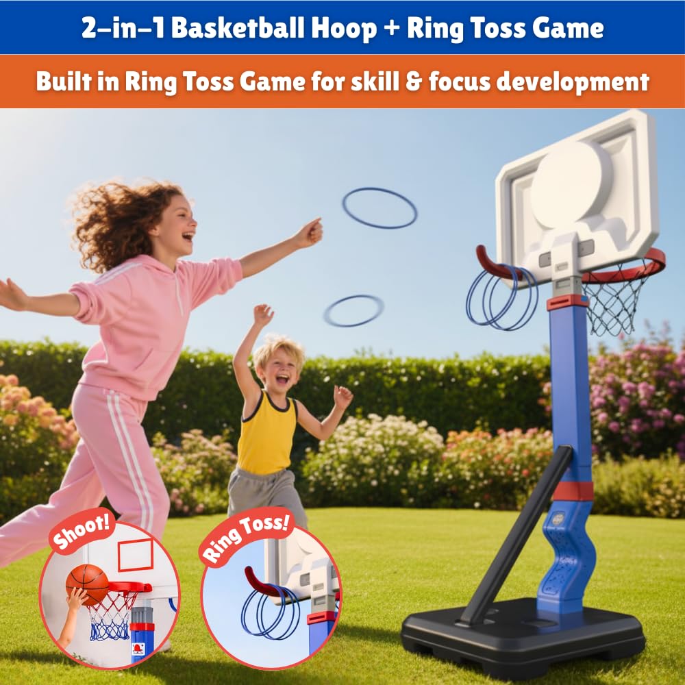 BRAGZO Toddler Basketball Hoop with Ring Toss Game, 2-in-1 Adjustable (2.5–5.5 Ft) Indoor & Outdoor Kids Basketball Set with Mini Balls, Rings, Pump & Stable Base Sports Toy for Boy & Girl Age 1-5