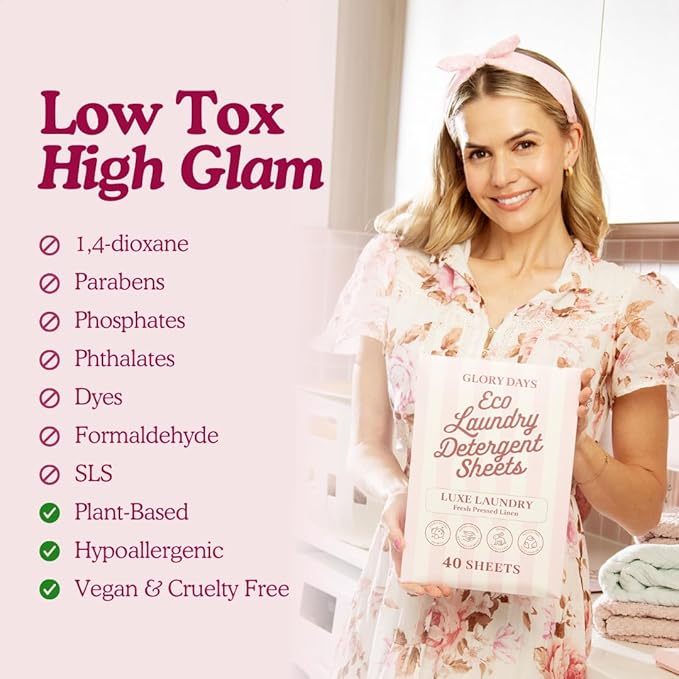 Glory Days Eco Laundry Detergent Sheets – Luxe Laundry (Fresh Pressed Linen) | 40 Sheets = Up to 80 Loads | Enzyme‑Powered, Plastic‑Free, Hypoallergenic | HE, Top & Front Load | Travel‑Friendly