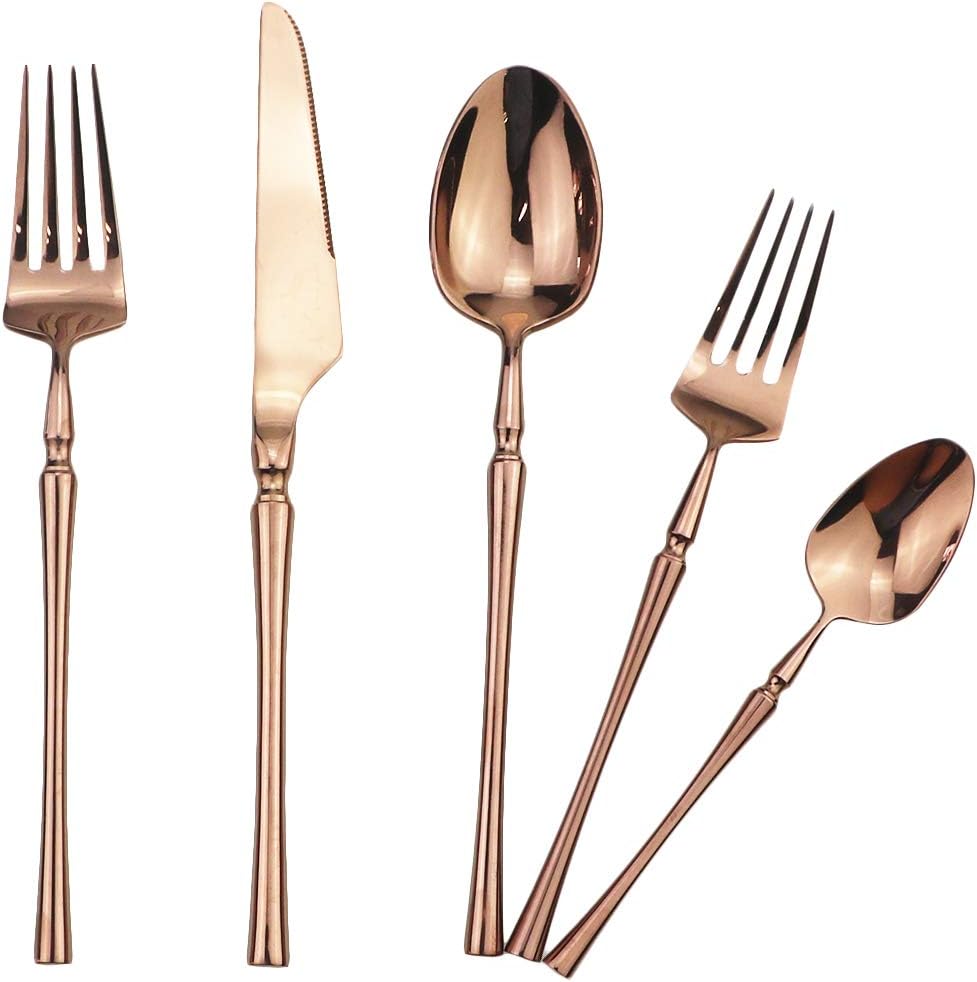 Gugrida 20 piece Copper Flatware Set 304 Stainless Steel Fork Spoon Cutlery Luxury Mirror Polished Silverware, Dishwasher Safe, Service for 4