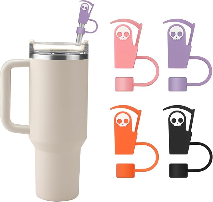 Halloween Silicone Straw Covers Cap for Stanley Cup, Cute Straw Topper for Stanley 30&40 Oz Tumbler, Reusable Dust-Proof Drinking Straw Cover, Set of 4 (Halloween Reaper)