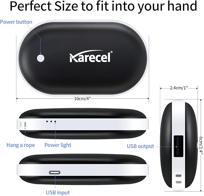 Karecel Hand Warmers Rechargeable 2 Pack, 10400mAh Double-Sided Heat Electric Handwarmers Powerbank, 4-inch Full-Surface Heat, Portable Camping Hand Warmers, Men Gifts for Christmas, Winter Essentials
