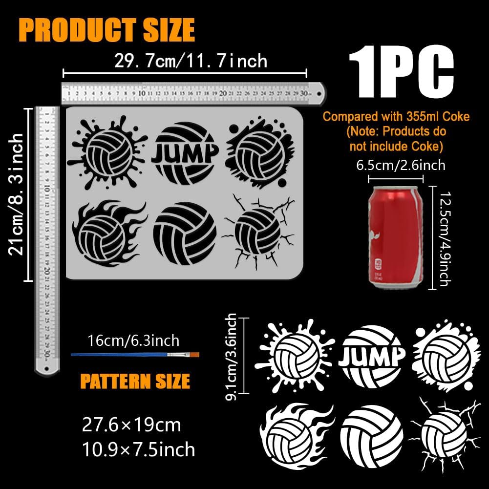 FINGERINSPIRE Volleyball Stencil with a Paint Brush 11.7x8.3Inch 6Styles Volleyball Pattern Stencil bPET Volleyball Decoration Template Reusable Sports Themes Template for Wood Wall Floor Furniture