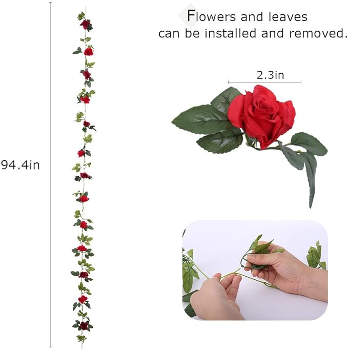 4 Pack(28.8 Ft) Artificial Flower Garland Silk Rose Flower Vines Fake Flower Garland for Backdrop Hanging Garlands Flowers Artificial for Decoration Wedding Arch Room(Red)