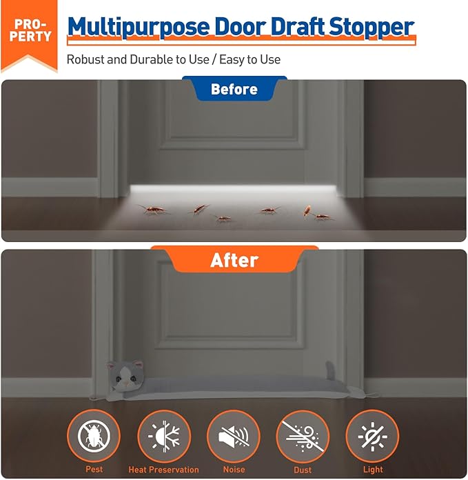 MAGZO Under Door Draft Stopper 36 Inch, Weighted Animal Noise Blocker for Door, Cat Draft Guard with Hook Loops