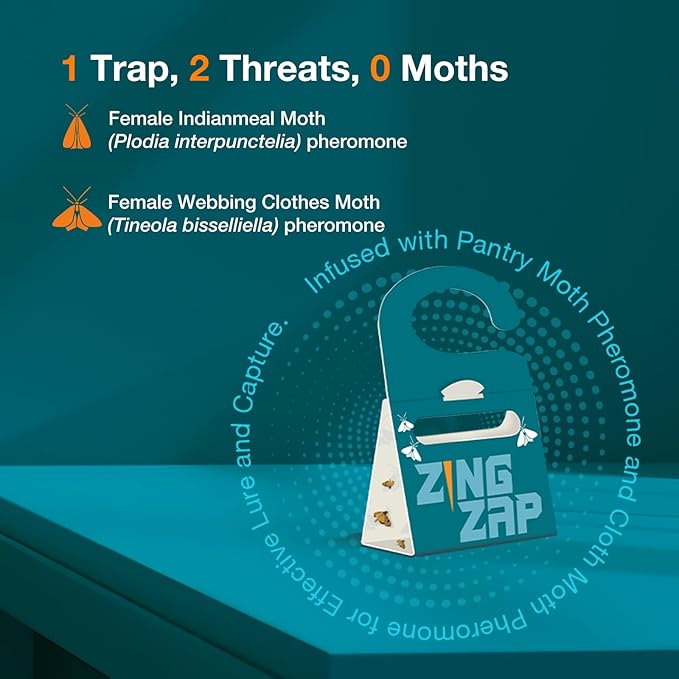 ZingZap Moth Trap 10-Pack, Slowly Releases Enhanced 2X Pheromones, Lures, Trap & Kill Pantry & Clothes Moths, Food, Wardrobe & Dresser Moth Treatment & Prevention, Odorless, Safe & Eco-Friendly
