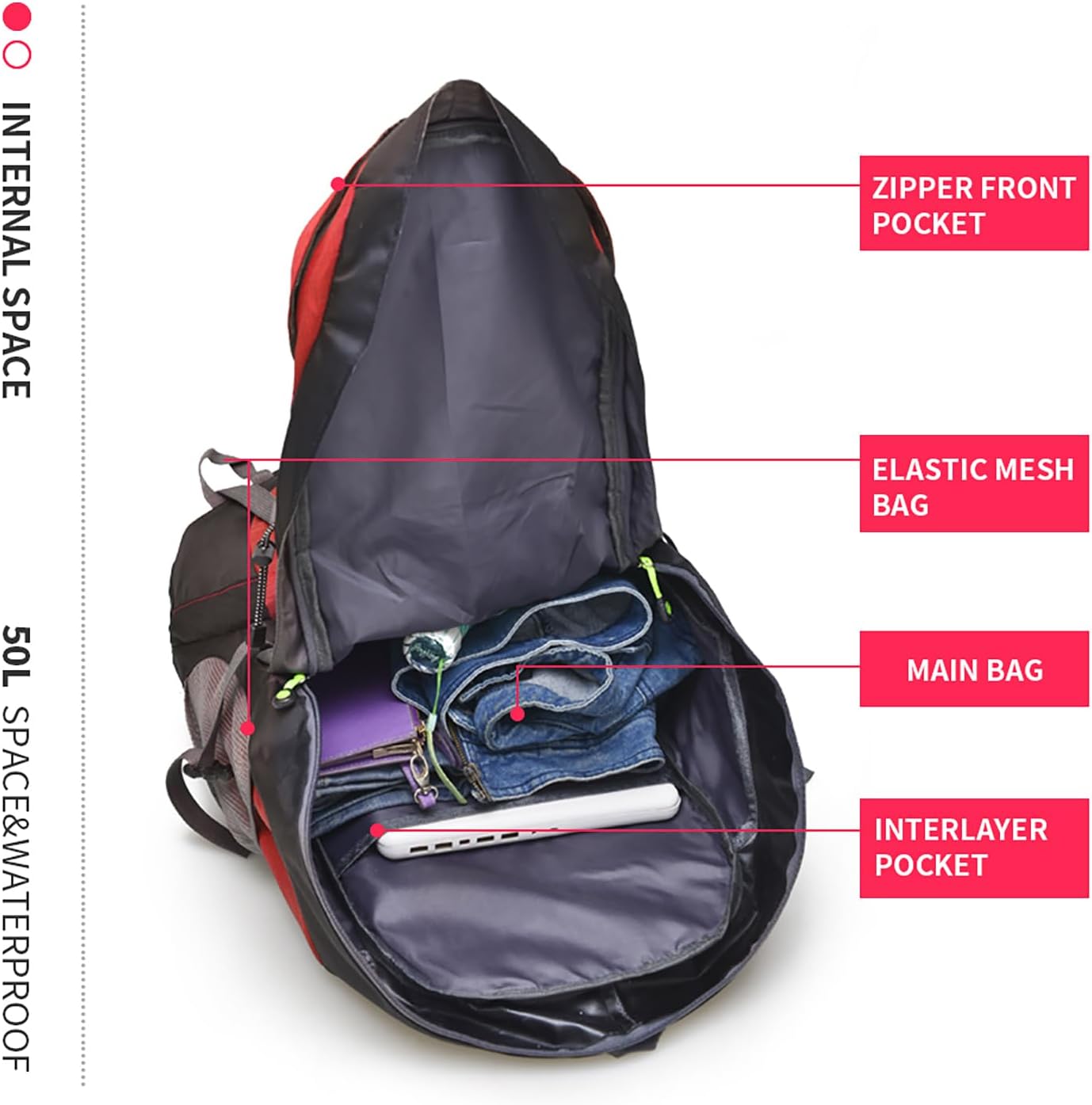 Bseash 50L Hiking Backpack, Water Resistant Lightweight Outdoor Sport Daypack Travel Bag for Camping Climbing Skiing Cycling (Red - No Shoe Compartment)