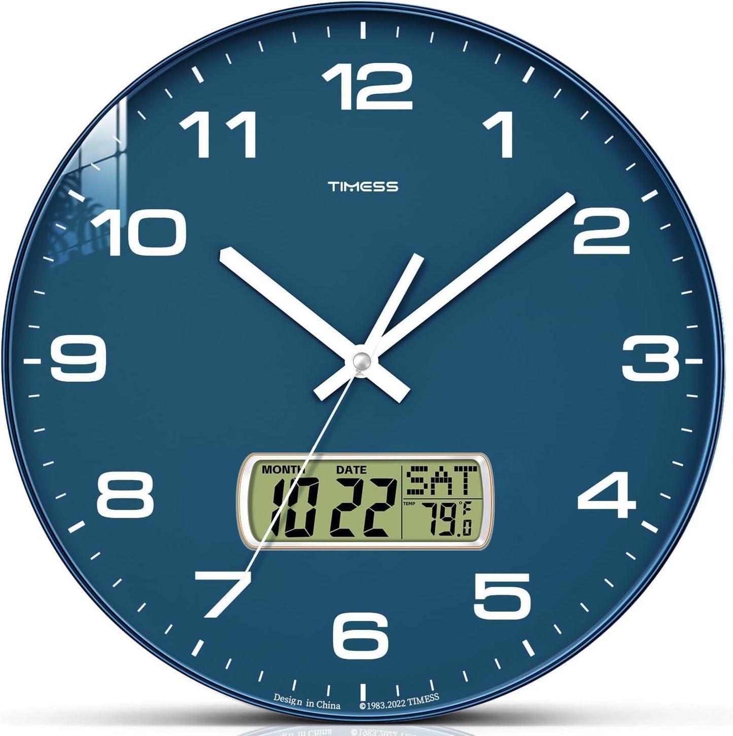 Wall Clock, 13" Dial Non-Ticking Silent Battery Operated Analog with LCD Display for Perpetual Calendar and F° Temperature, Ideal Modern Home, Office Decor (Blue)