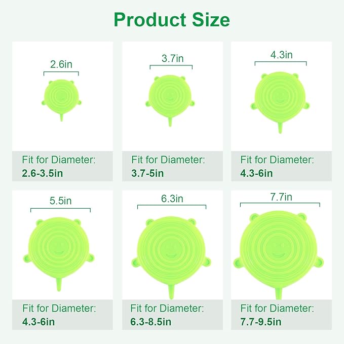 Silicone Stretch Lids – 6 Pack Reusable Food Covers,Flexible Silicone for Bowls, Containers, Fruits – Airtight & Leakproof Seal for Kitchen Storage(green)