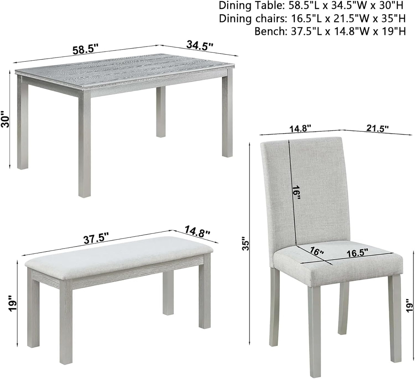 Dining Table Set for 5, 6 Piece Dining Room Table Set with Rectangular Crystal Decoration Table, 4 Upholstered Chairs and Bench, Counter Height Kitchen Sets with MDF Tabletop, Silver Gray
